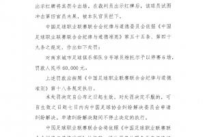 向四官扔冰袋染红！官方：南京城市外援维托尔被禁赛6场、罚款6万